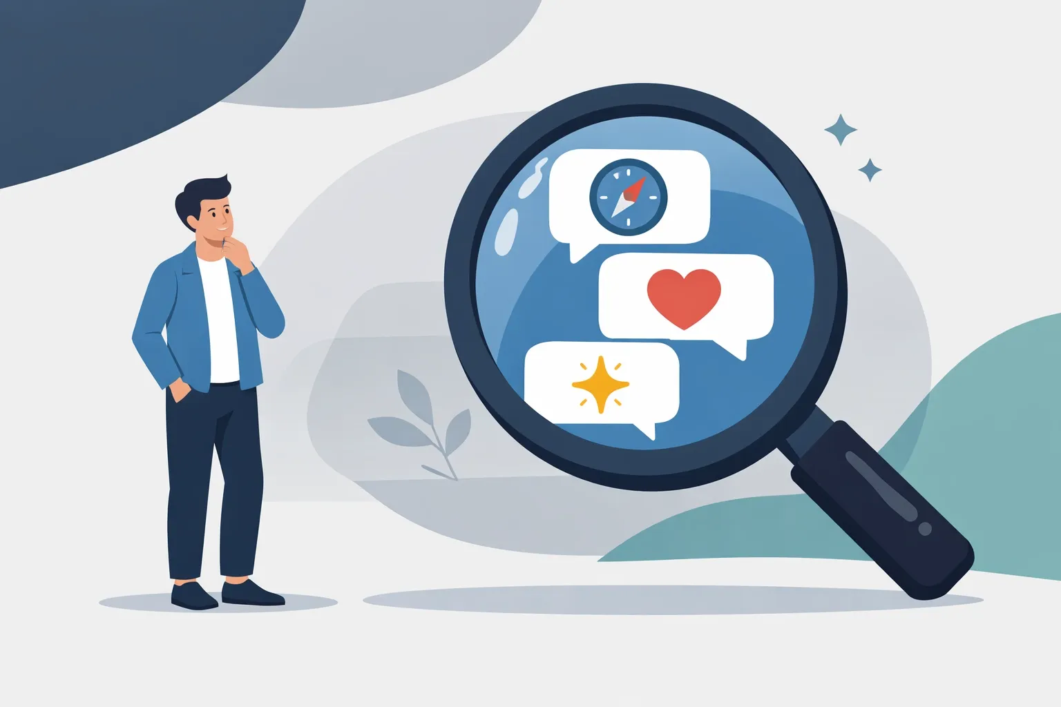 Modern illustration of a person analyzing speech bubbles representing user intent and conversational SEO strategy.