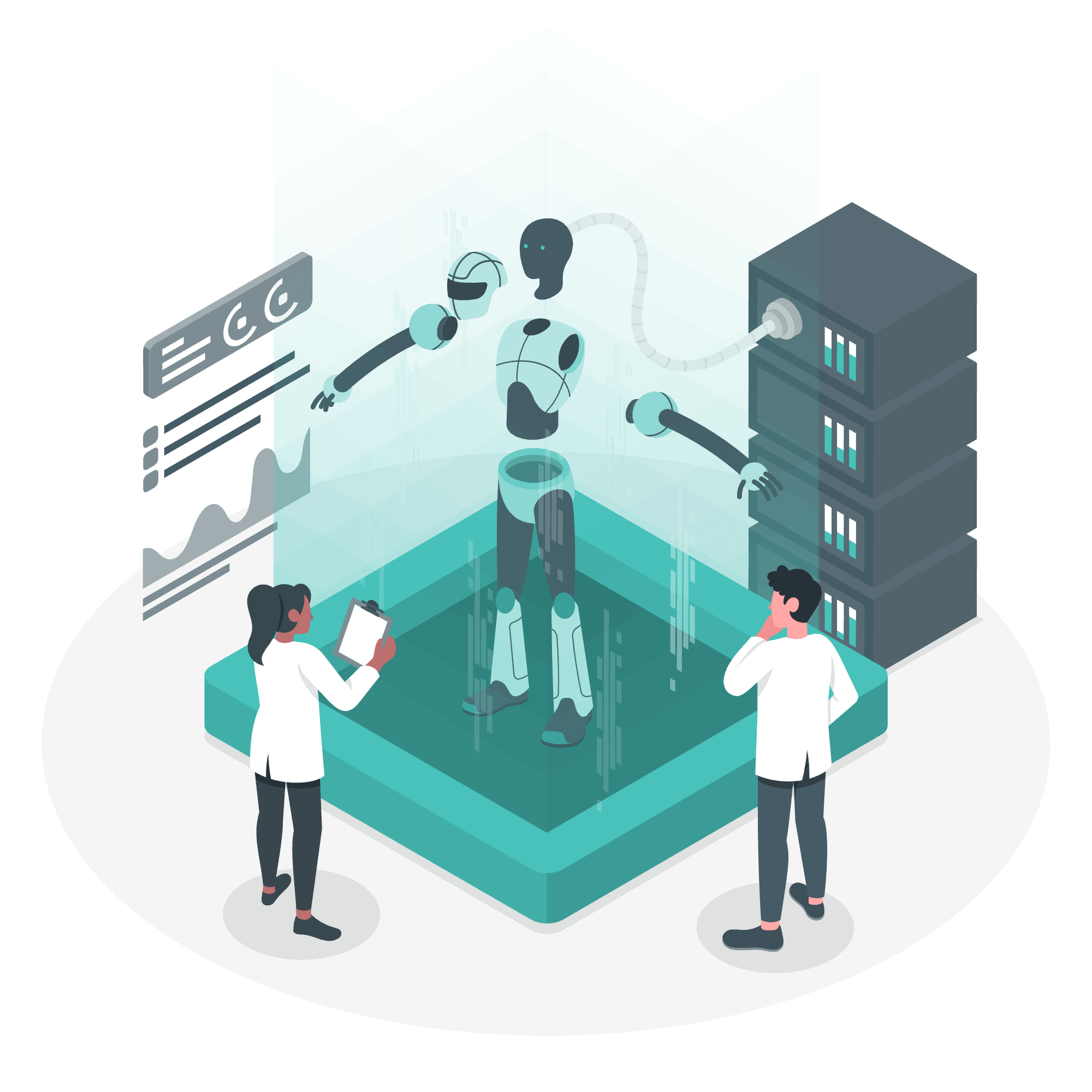 Two engineers monitor a humanoid robot