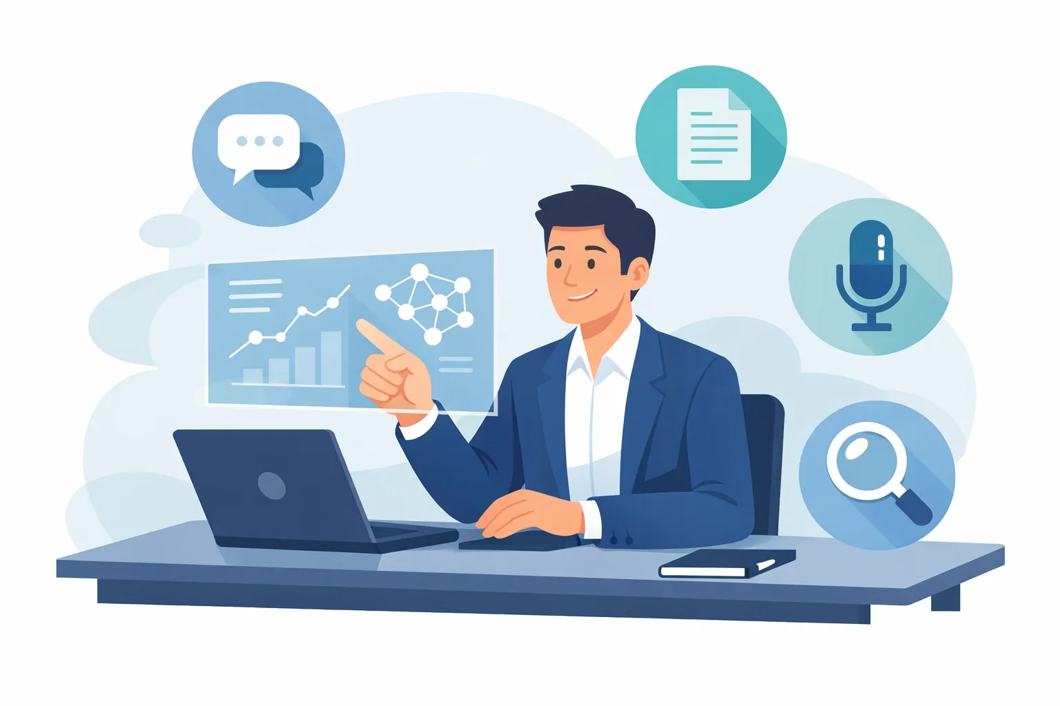 Tech leader managing multimodal AI automation via a digital interface for conversational business solutions.
